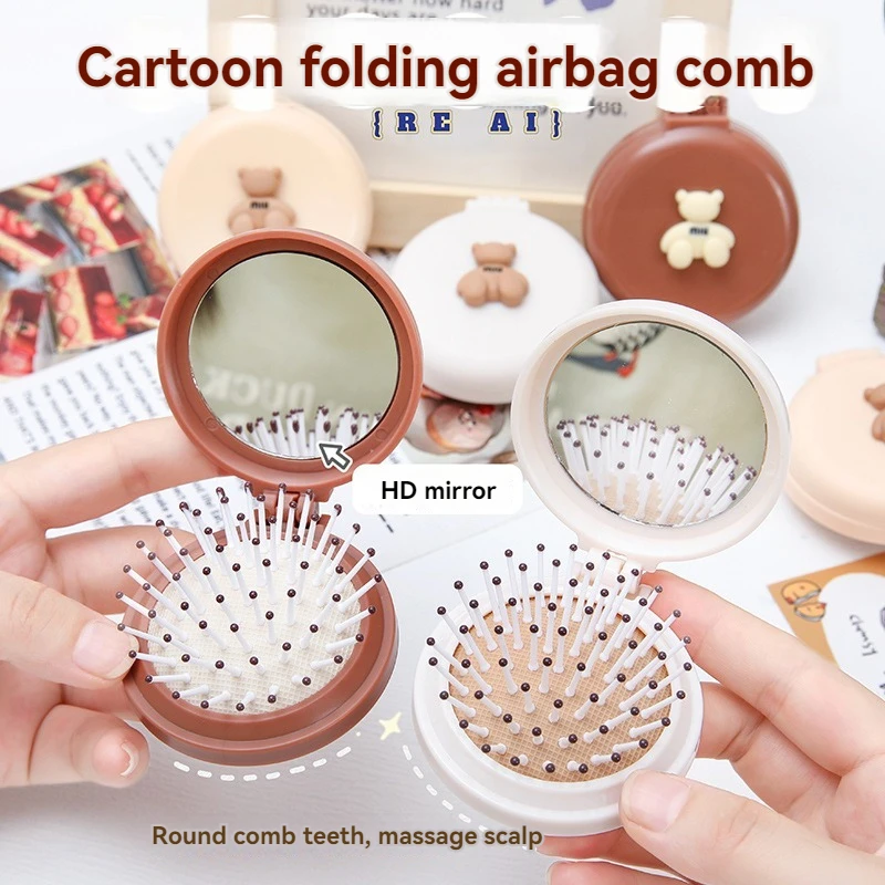 Cute Cartoon Little Bear Folding Comb For Little Girls Portable Mini Air Cushion Comb Massage Small Mirror Integrated