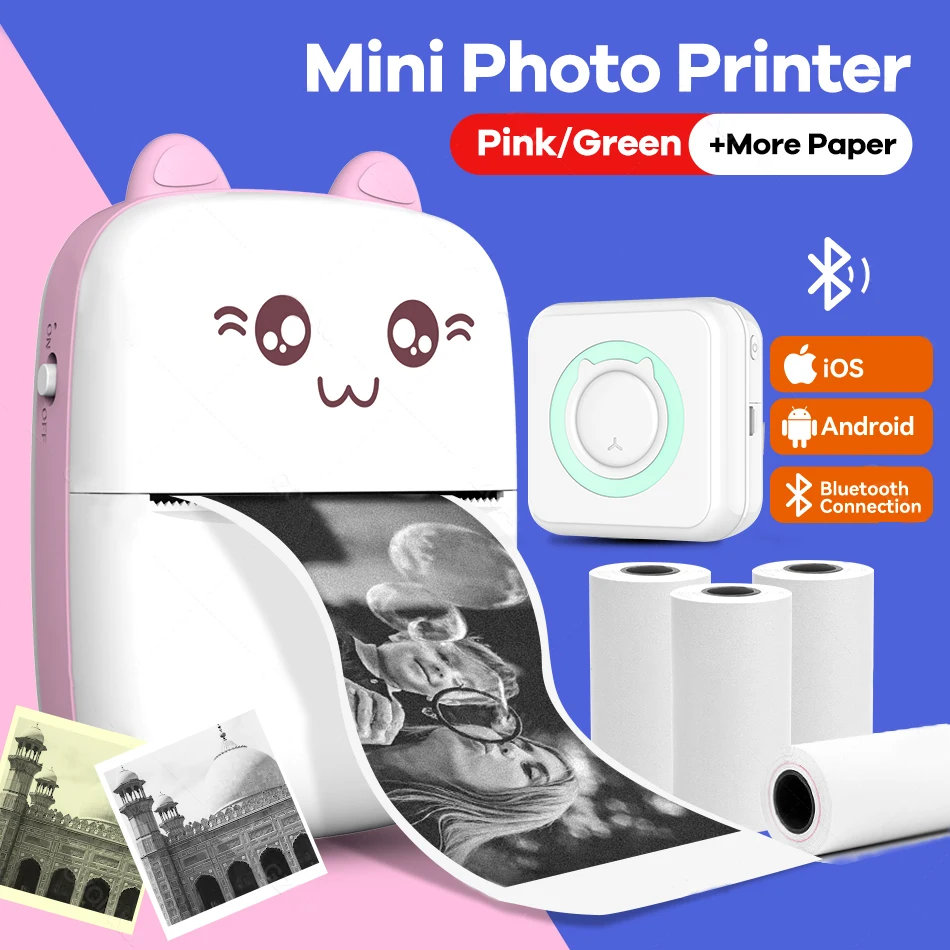 Mini Printer Ink-Free Bluetooth-compatible Portable Pocket Handheld Mini  Cute Cat Thermal Printer for Study 