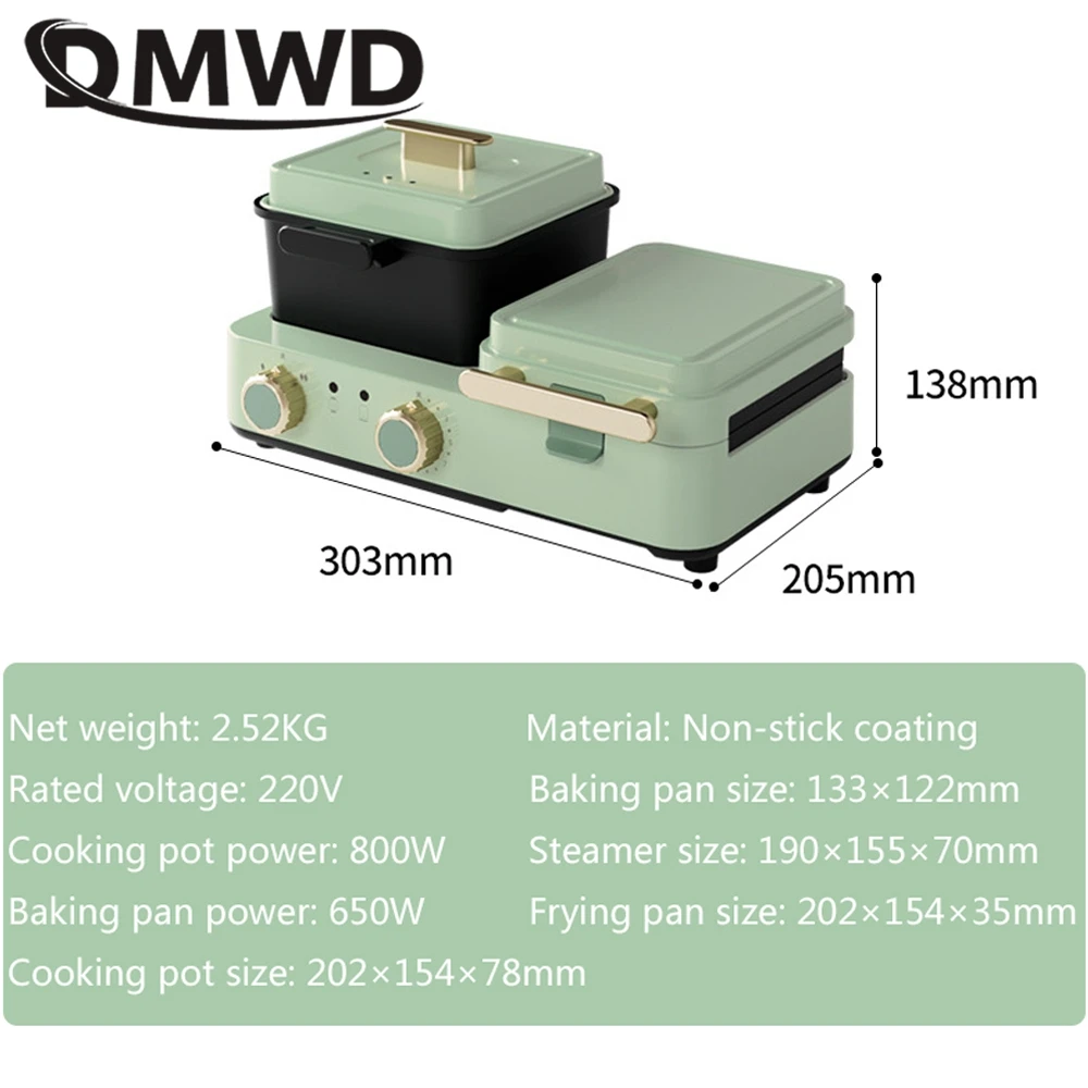 DMWD 4 in 1 Household Breakfast Machine 1.2L Electric Hotpot Boiling Pot Sandwich Maker Food Steamer Frying Pan Bread Toaster 6