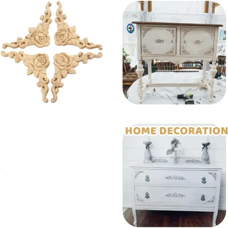 4pcs Natural Floral Wooden Figurines Crafts Wood Carved Corner Appliques Frame Wall Door Furniture Woodcarving Decorative 4