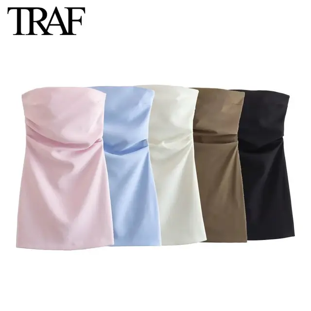 TRAF Women Fashion Sexy Back Zipper Solid Color Pleats Strapless Mini Dress Chic Female Sleeveless Evening Dresses Mujer 1
