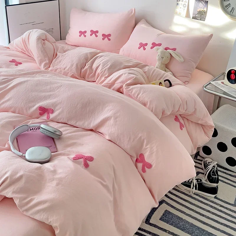 Pink Bow Embroidered Duvet Cover Set 6