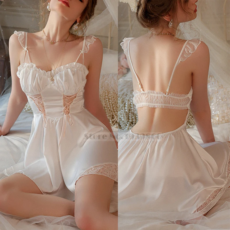 

Women Sexy Suspender Nightgown Intimate Lingerie Summer New Backless Mini Nightdress Sleepwear Silk Satin Home Dressing Gown