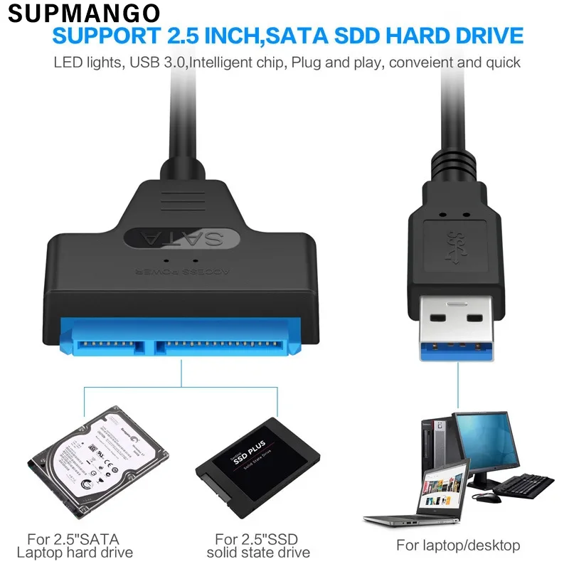 SATA To USB 3.0 / 2.0 Cable For 2.5 Inch External HDD SSD Hard Drive SATA 3 22 Pin Adapter USB 3.0 To Sata III Cord Up to 6 Gbp sata to usb cable sata to usb adapter sata to usb adapter cable sata adapter cable usb adapter cable usb cable adapter conversion cable adapter