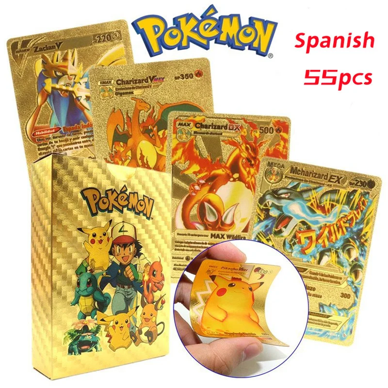 Compra online de Francês/inglês/espanhol metal pokemon cartões 55 pçs/caixa  ouro prata preto batalha trainer cartão de energia brinquedos para adultos  crianças presente