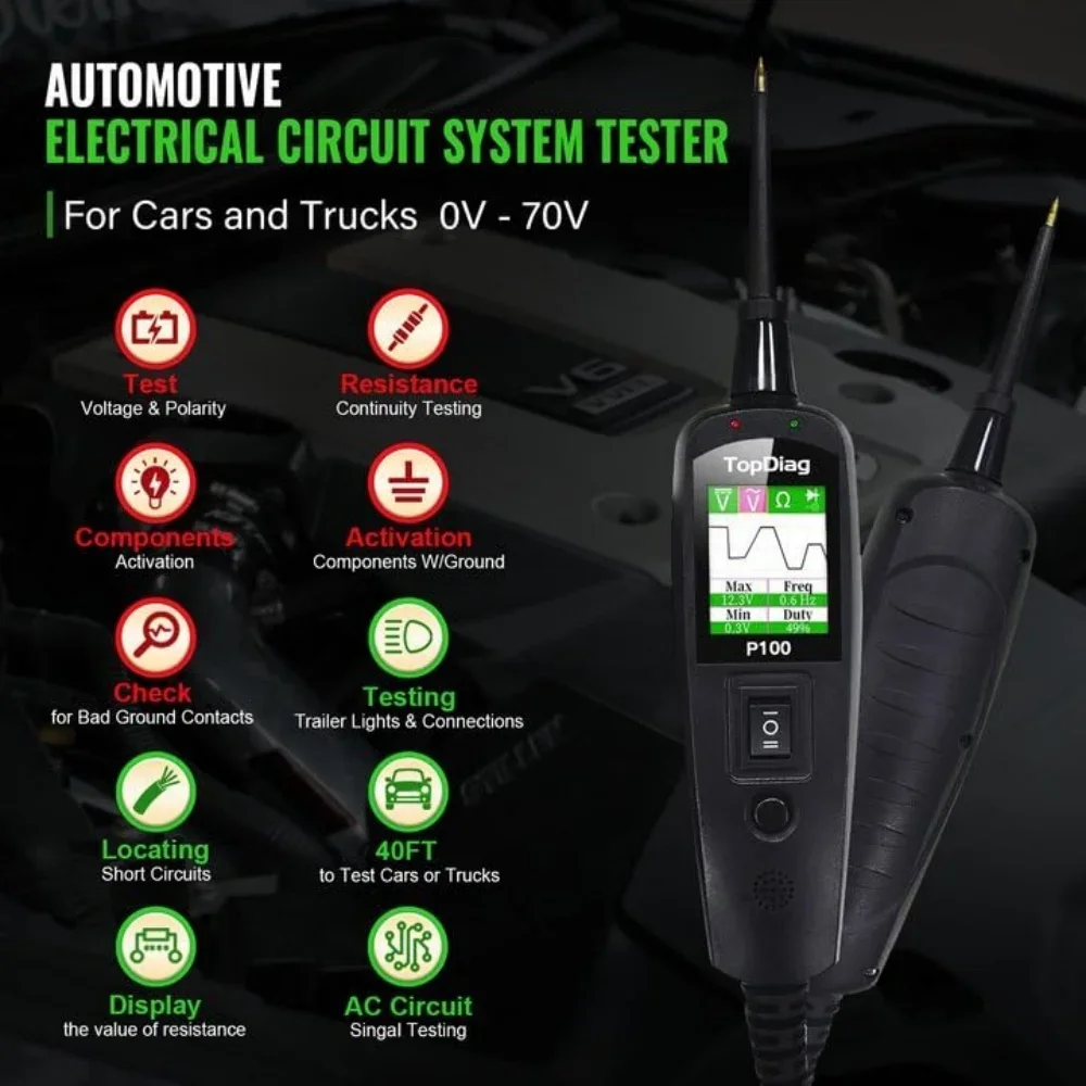 Topdiag P100 전원 회로 프로브 키트, 전기 테스터 도구, 전압 테스터, 12 V, 24V, 과부하, 짧은 자동차 프로브 펜 진단 도구