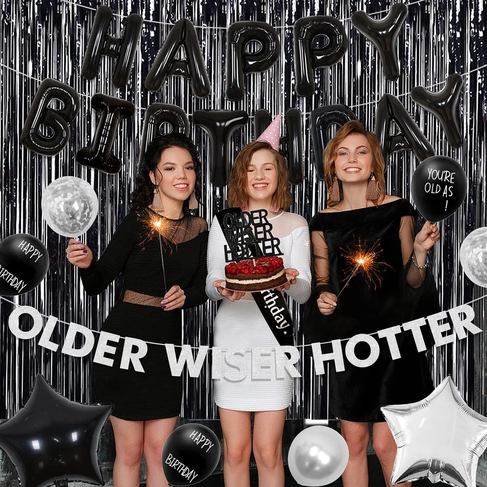 "Older Wiser Hotter" Silver Foil Balloon Banner - Birthday Decor For 30th, 40th, 50th, 60th+ Parties - View #5