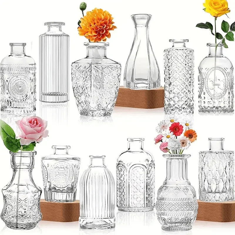 12pcs Clear Glass Bud Vase Set, Mini Vintage Vases for Small Flowers, Centerpieces, Rustic Wedding Decorations and Table Flowers