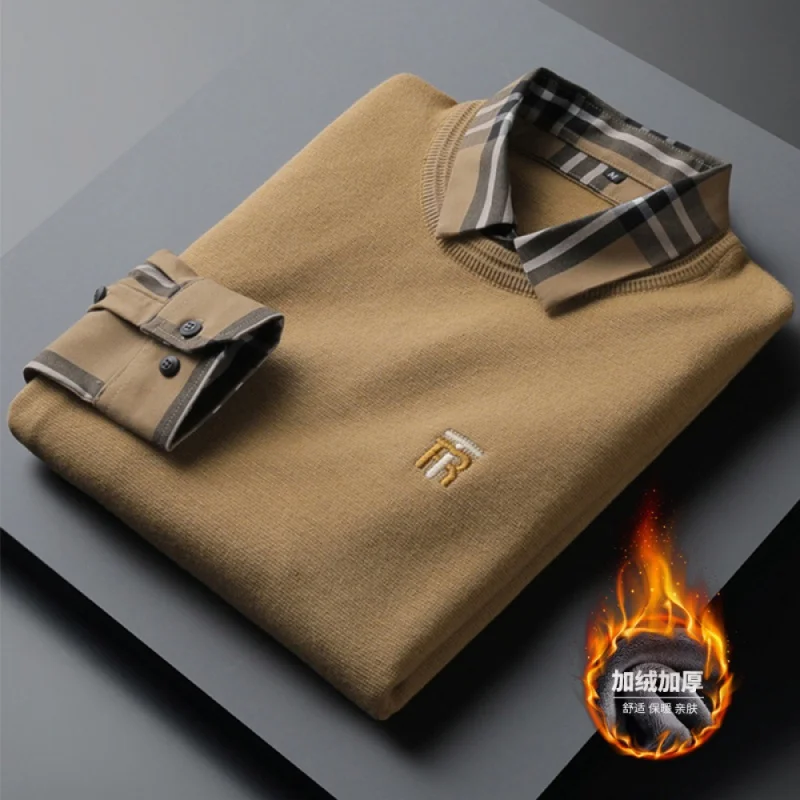 

23 New modelsHigh-End Autumn and Winter Thermal Plaid Shirt Collar Fake Two Pieces Sweaters Men's Slim Embroidery Casual Busines