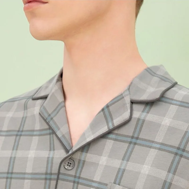 2024 Latest Spring Autumn Men Pajamas Cotton Long Sleeve Pyjamas Young Middle Age Large Size Sleepwear Lapel Check Home Wear Set