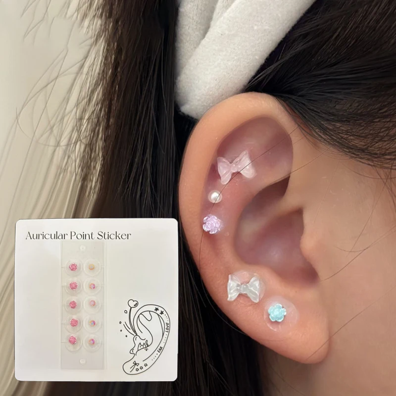 10 Patch Fashion Colorful Rose Round Rhinestone Ear Point Stickers Ear Pressure Stick Acupuncture Auricular Ear Stickers Massage