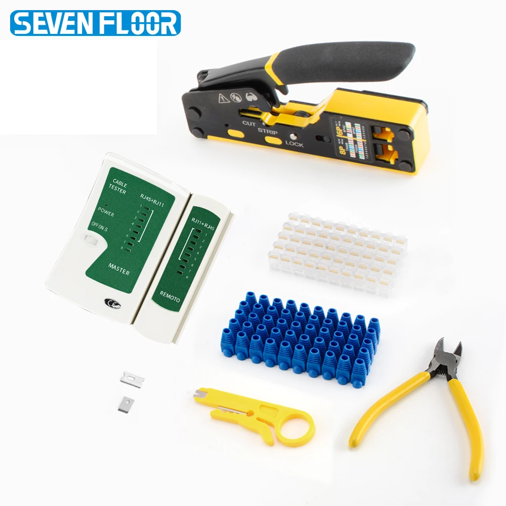 Cat6 패스스루 크림퍼 도구 키트, 와이어 스트리퍼, 대각선 펜치, 커넥터, 부츠 및 교체품이 포함된 RJ45 네트워크 테스터