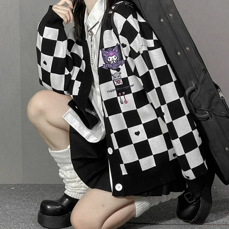 

Sanrio Anime Kawaii Kuromi Cinnamoroll My Melody Checkerboard Sweater Cardigan Jk Uniform Embroidery Top Coat Sweet Girl Gift