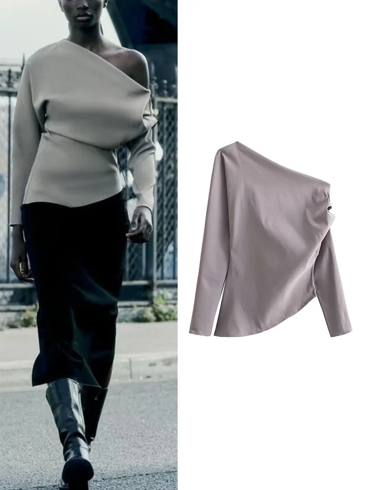 

TRAF Women's Fashion Solid Asymmetric Tops Vintage Off Shoulder Long Sleeve Pleaded Top Lady Slim Sexy Chic Skew Collar Tops