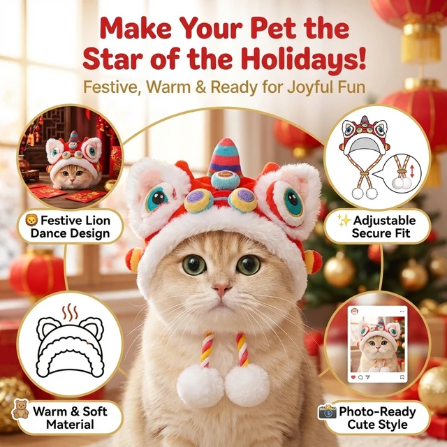 Lion Dance Dog Cat Hat for Winter Warmth, Festive Pet Costume for Chinese New Year Photos Gatos Accesorios Hats for Cats 3