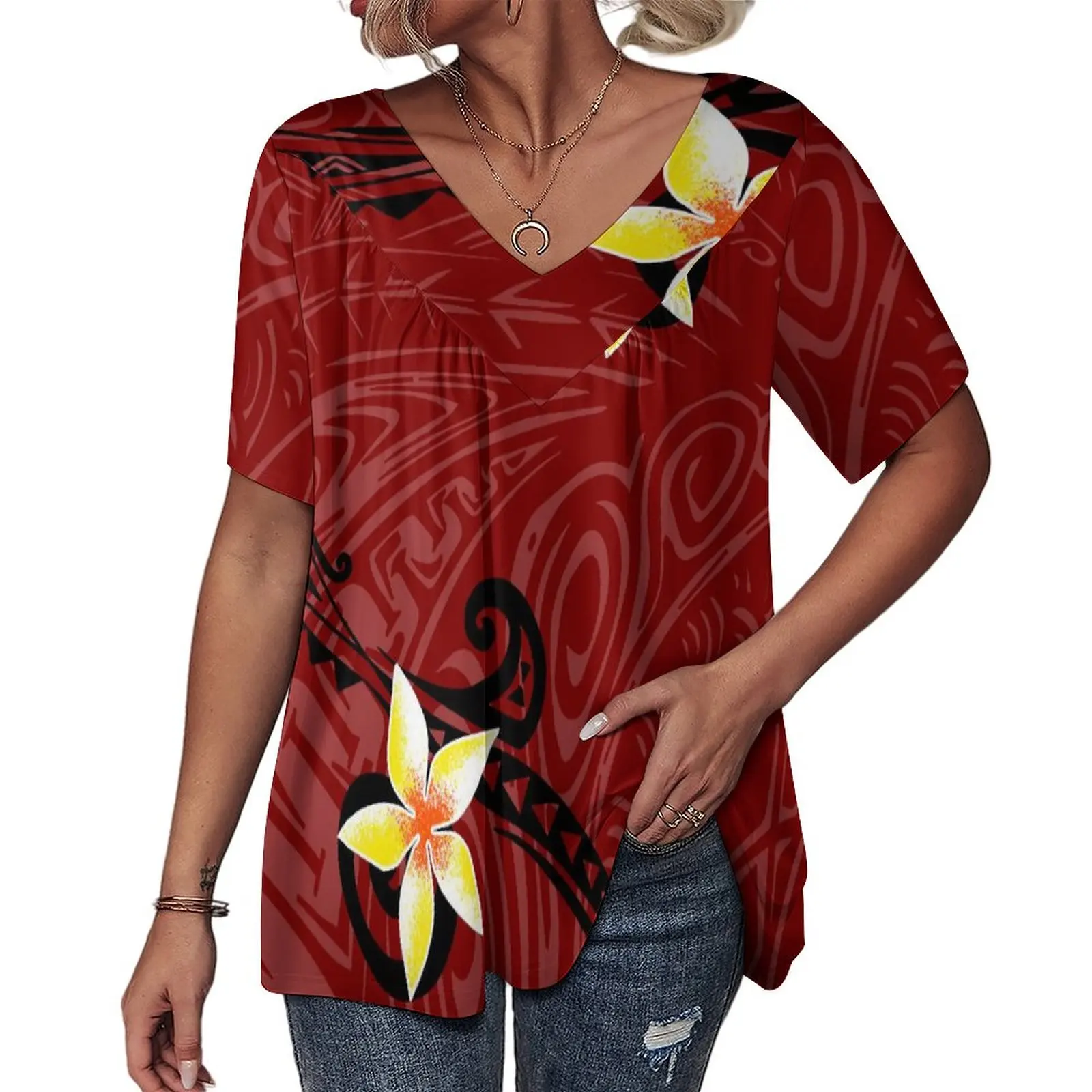 

V Neck Blouse Customize Paint Graffiti T-shirt Printing Design pacific Island Art polynesia Women High Elasticity Ladies Top