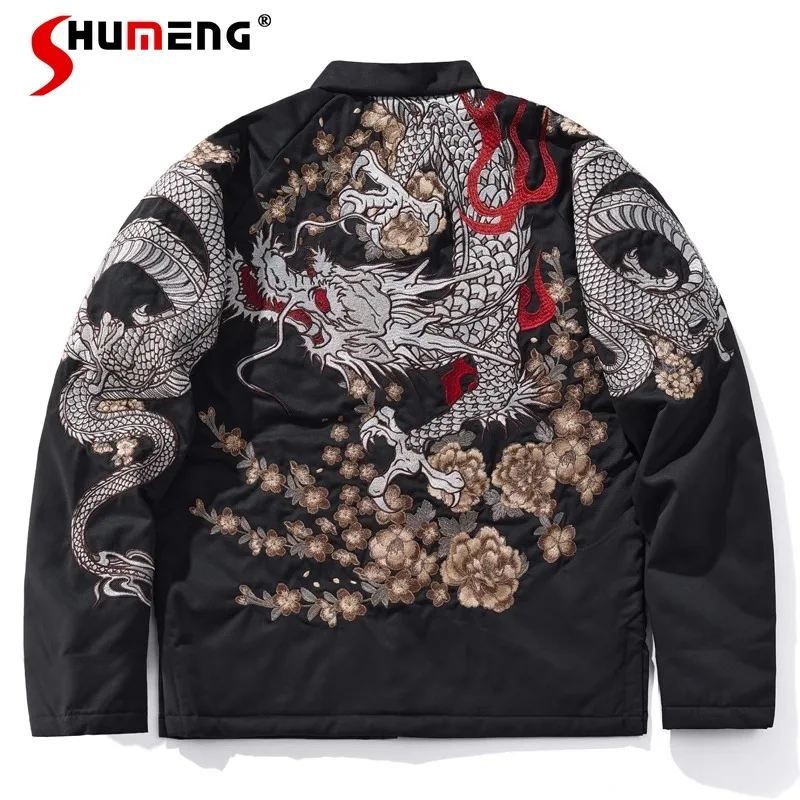 2024 Autumn New Dragon Year Buckle Machine Embroidery Coat Jacket Men's Top Black Jacket Cartoon Embroidery Retro Cool Jaquetas