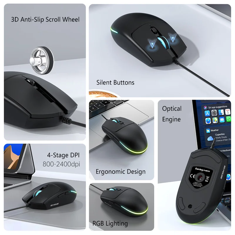 레노버 M300 경량 유선 마우스, RGB 브리딩 라이트, 4 DPI 2400DPI, 조용한 인체공학적 유선 마우스 (PC, 노트북, 태블릿, 맥용)