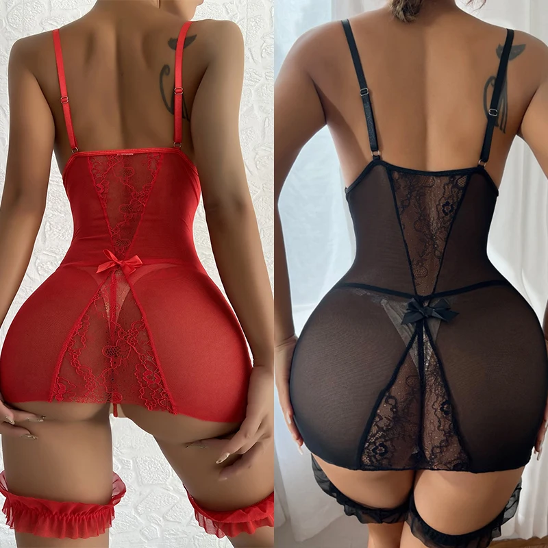Abito Da Notte Con Scollo A V Trasparente Con Perizoma Set Donna Sexy Chemises Pizzo Rosso Lingerie Sexy Babydoll Abiti Sexy Porno
