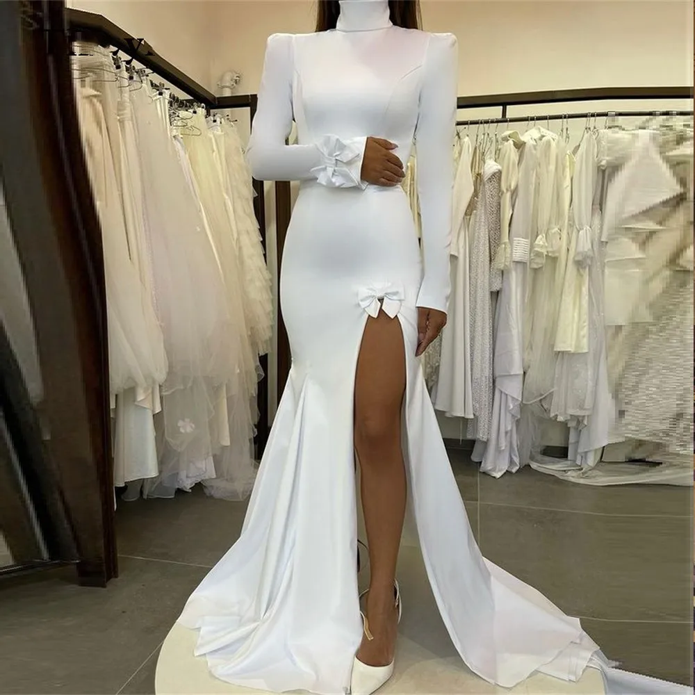 

Elegant Mermaid Wedding Dresses 2023 Bow Beach Long Sleeves Side Slit High Neck Princess Bride Bidal Gowns Vestidos Novia