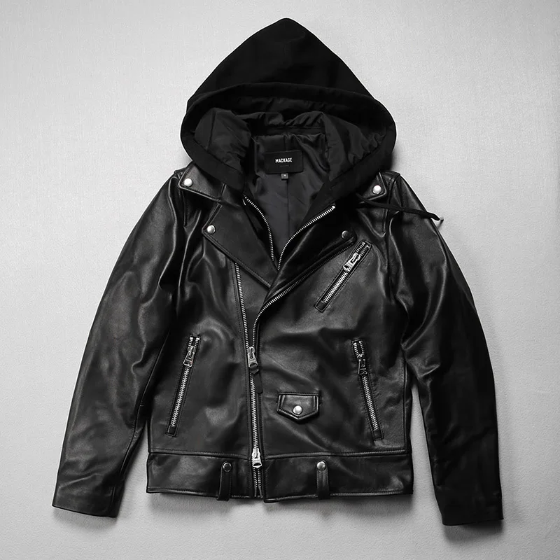 

fashions casual detachable hood Real leather garment men women star couple models lapel diagonal zipper sheepskin jacket tops