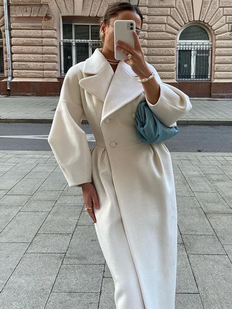 Women Woolen Coat Lapel Double-Breasted Office Lady Long Jackets Autumn Lantern Sleeve Windbreaker Thick Streetwear Female Coats