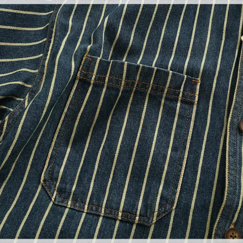 Heavy vertical stripe cargo denim shirt Men do old washed cotton elbow stick cloth lapel long sleeve shirt jacket denim shirt,long sleeved shirt