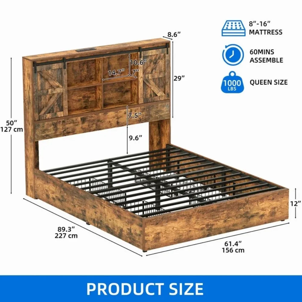 Farmhouse Queen Bed Frame With Bookcase Headboard & LED Lights, Storage Bed with Power Outlets, Rustic Brown 5