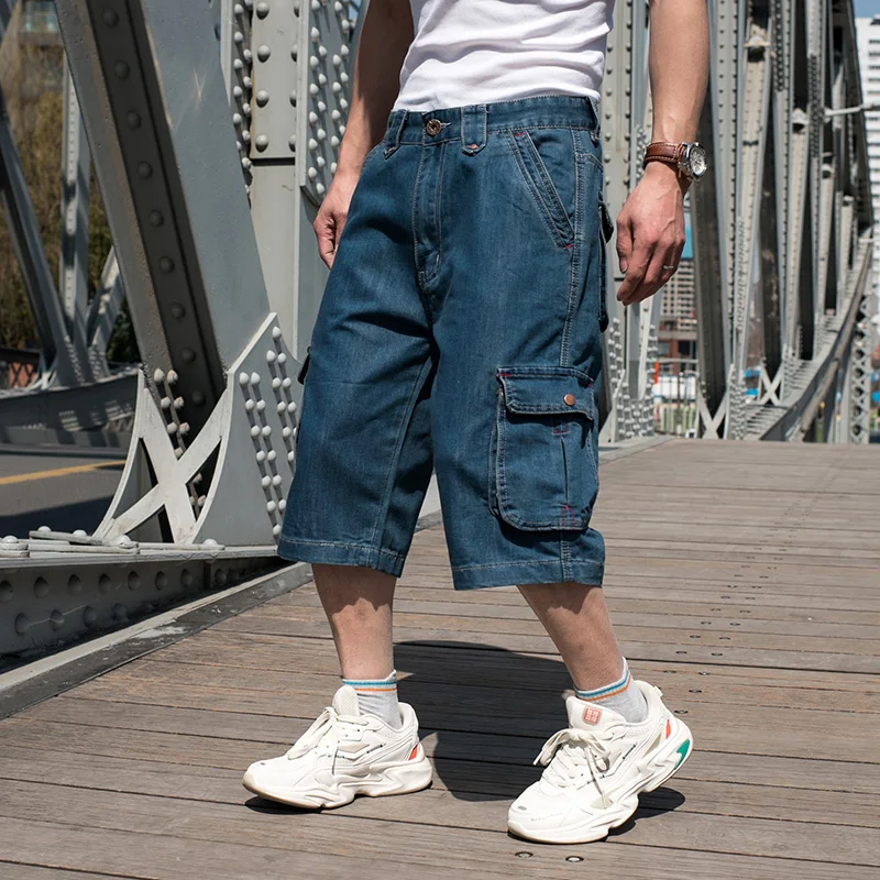 

Summer Denim Cargo Cropped Pants Big Pocket Men's Shorts Hip Hop Loose Plus Fat Plus Size Jean Short Male