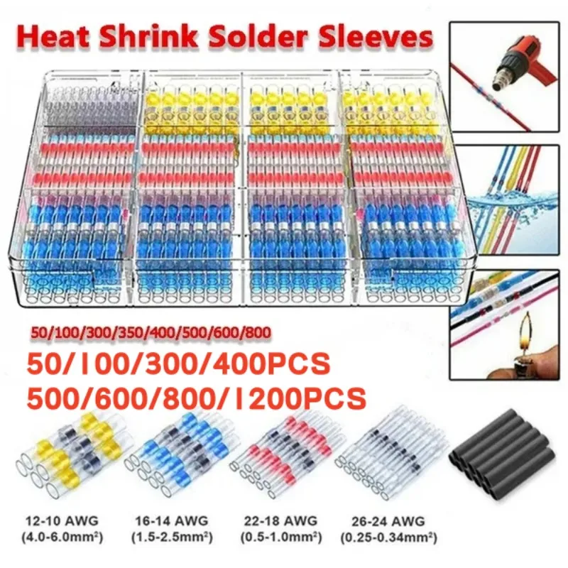 

50/100/300/400/500/600/800/1200 PCS Solder Seal Wire Connector Kit Heat Shrink Butt Connector Kit Waterproof Wire Connectors