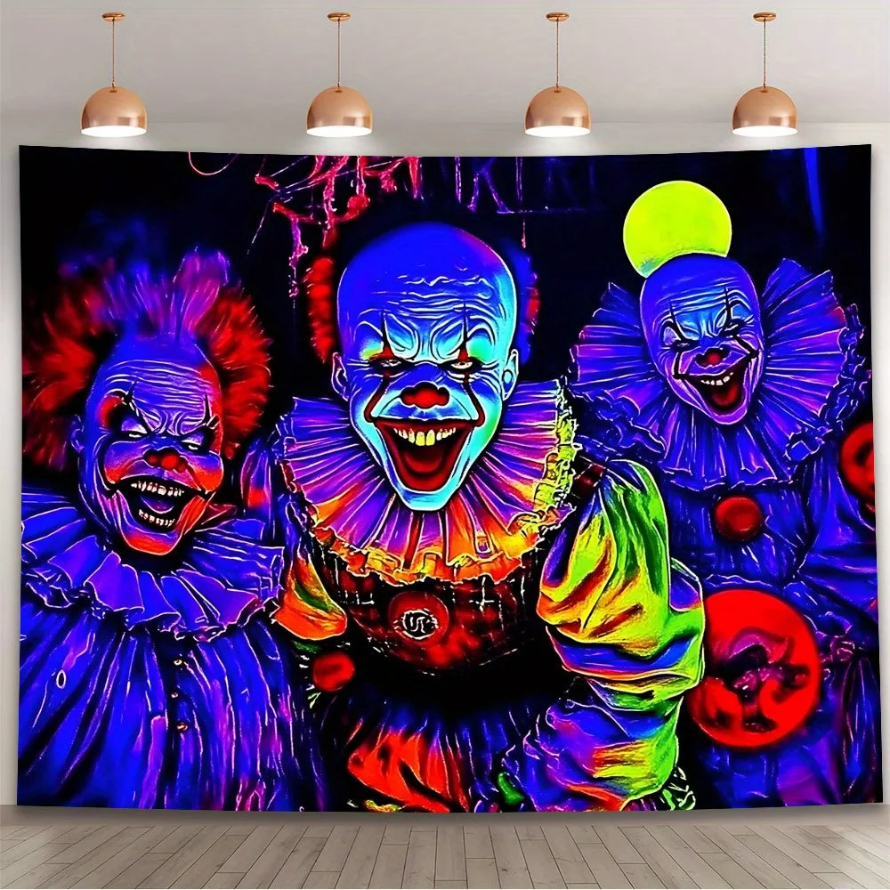 1-schreckendes Clown-Hintergrundbanner, leuchtende Neonfarben, Polyester, geeignet für Partys im Innen- und Außenbereich, Geburtstage
