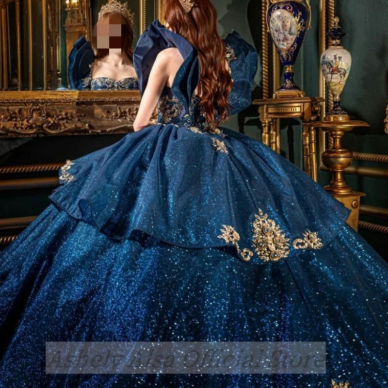 Saudi Arabic Navy Blue Quinceanera Dresses Lace Applique Tiered Skirt Birthday Party Prom Gown Vestido De 15 16 Anos Pageant