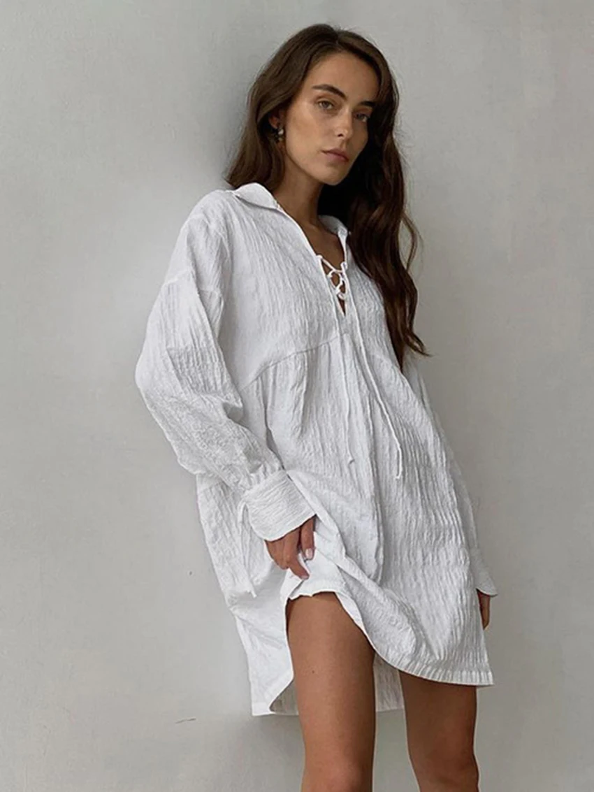Marthaqiqi Casual Women Nightgowns Sexy Turn-Down Collar Sleepwear Long Sleeve Nightwear Lace Up Pajama Loose Femme Home Clothes