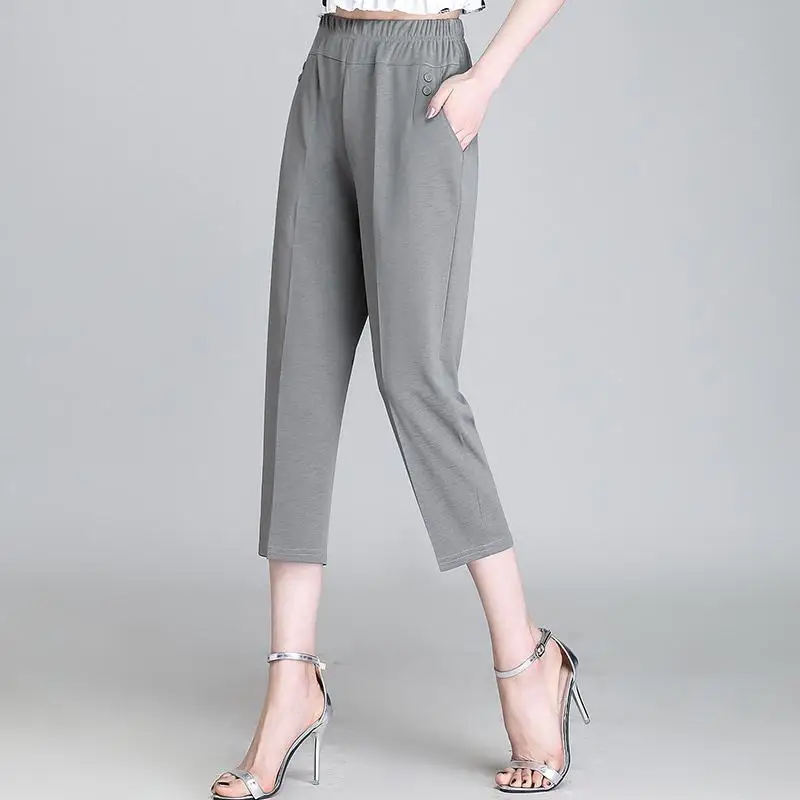 2024 Summer Large Size Loose Fitting Leisure Comfortable Elastic Waist Solid Color Thin Style Women's Straight Leg Pants