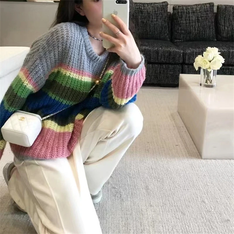 Women Knitted Sweater Long Sleeved Rainbow Striped Pullover