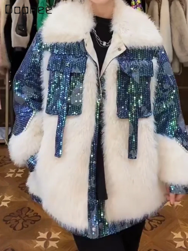 

Heavy Embroidery Sequins Long Sleeve Fur Coat Female 2023 Winter Double Face Wool Leather Warm Leisure Fashion Faux Fur Coat
