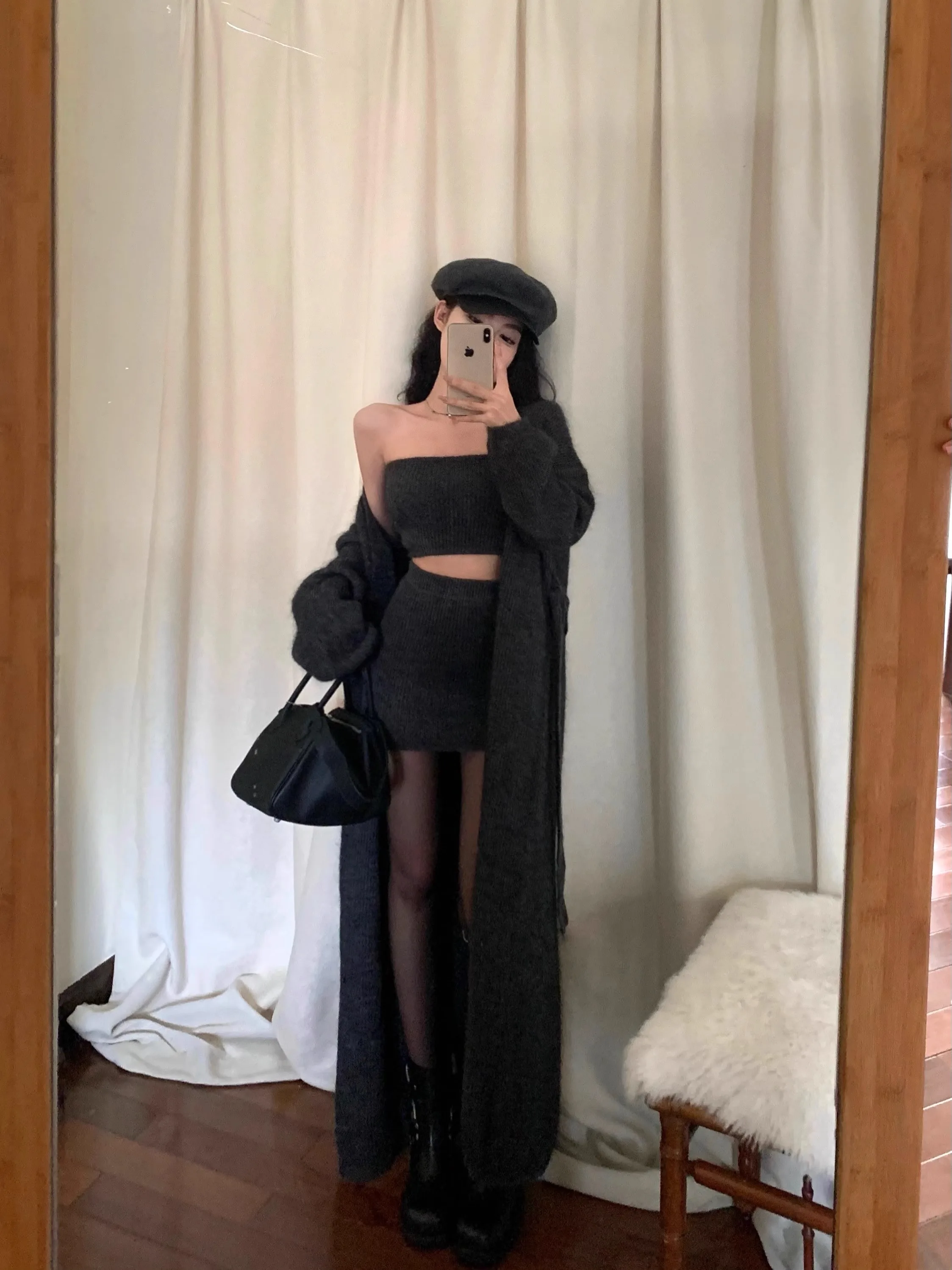 Autumn Winter New Knitted 3-piece Skirt Set Women Solid Long Cardigan Strapless Crop Top Mini Skirt Y2K Korean Chic Knitwear New