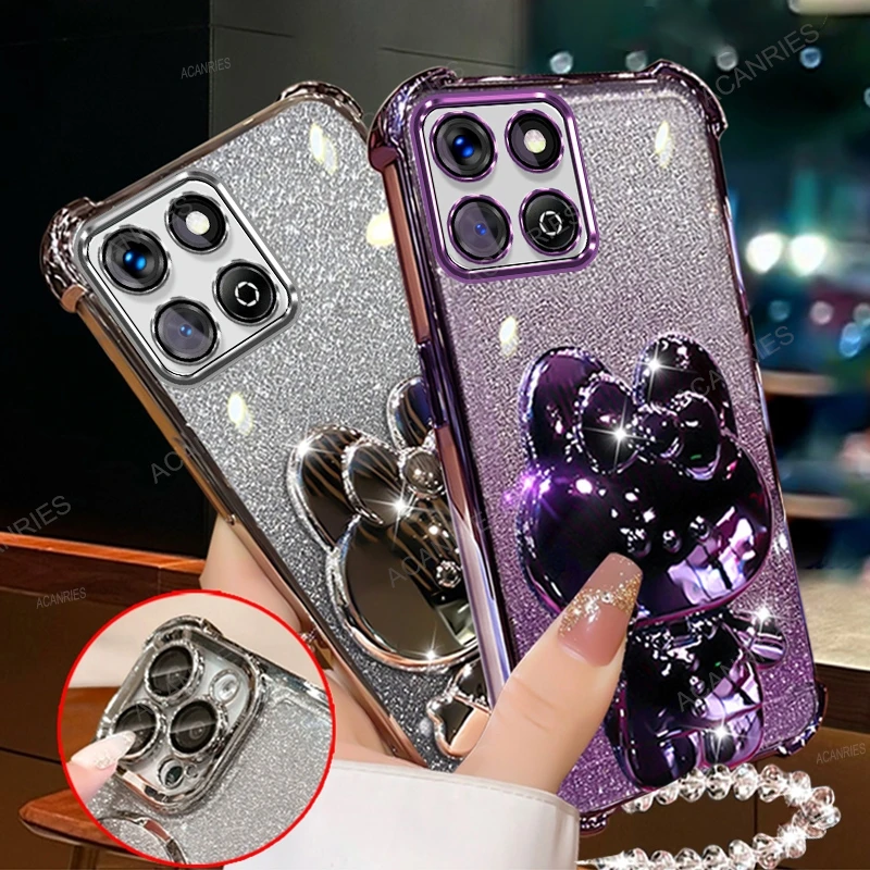 Plating Anti-fall Silicone Case with Mirror Rabbit Stand and Clear Bead Chain