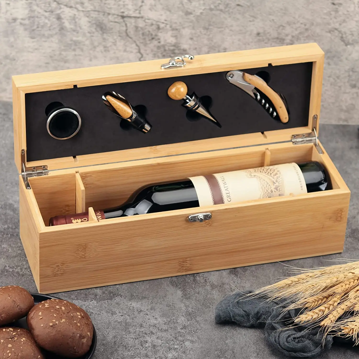 Wine Box with 4 Wine Accessories Set Gift for Men&Women Bamboo Case with Tool Set Storage Box Gift for Lover