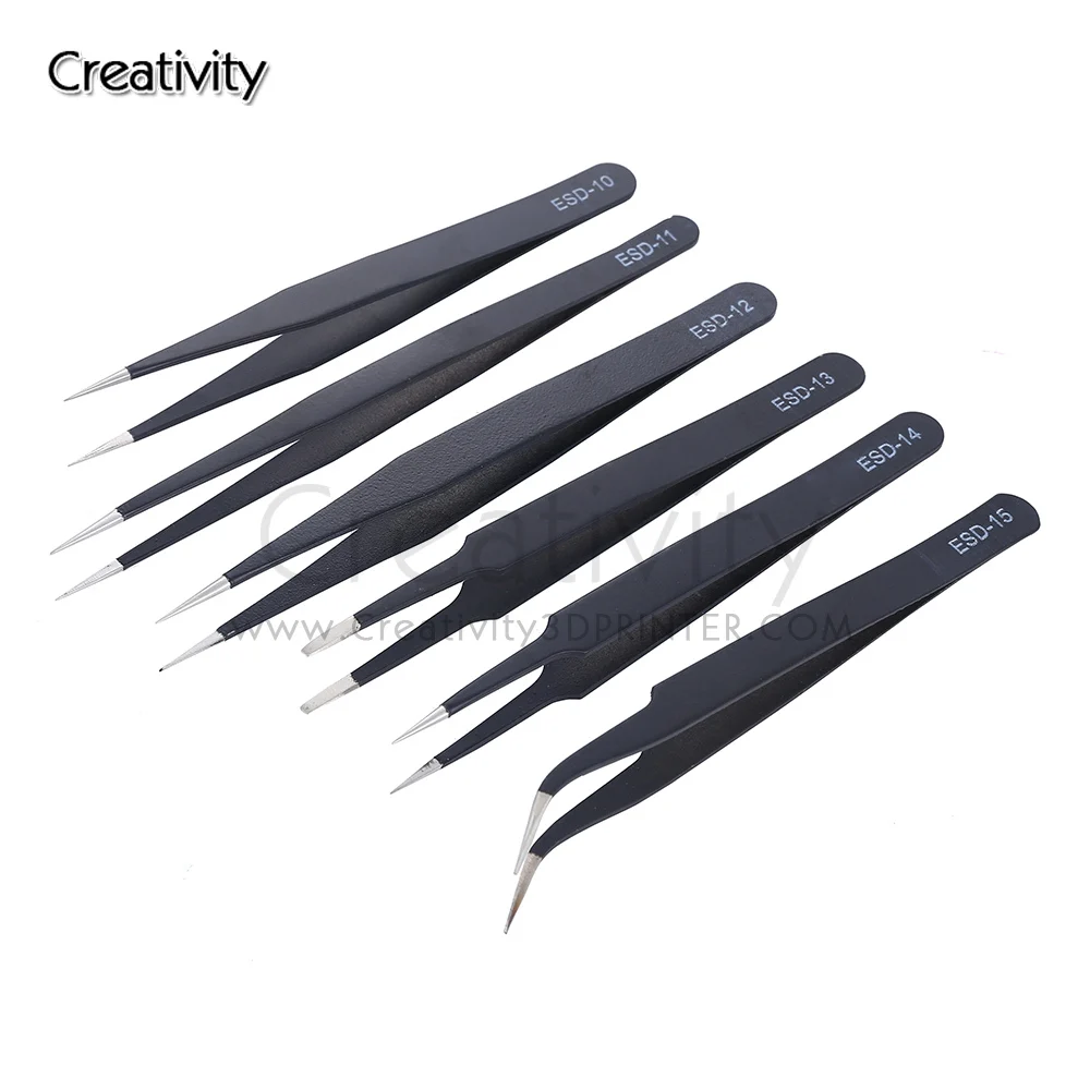 6PCS Anti-static ESD Stainless Steel Tweezers Maintenance Tools Industrial Precision Curved Straight Tweezers Repair Tools