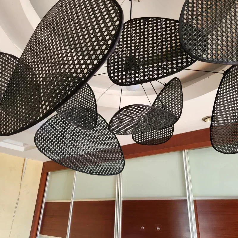 French Designer Black Canework Screens Chandelier Indoor House Rattan Suspension Lighting Decor for Living Dining Room LED Lamp