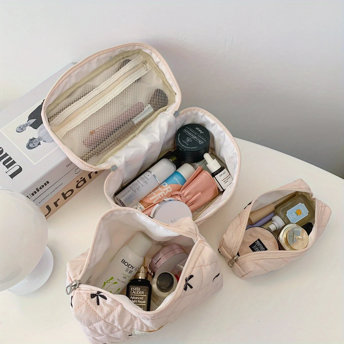 3pcs sets Cute Bow Flower Quilted Makeup Bag Women Cosmetic Organizer Female Handbag Portable Toiletry Case For Travel 3