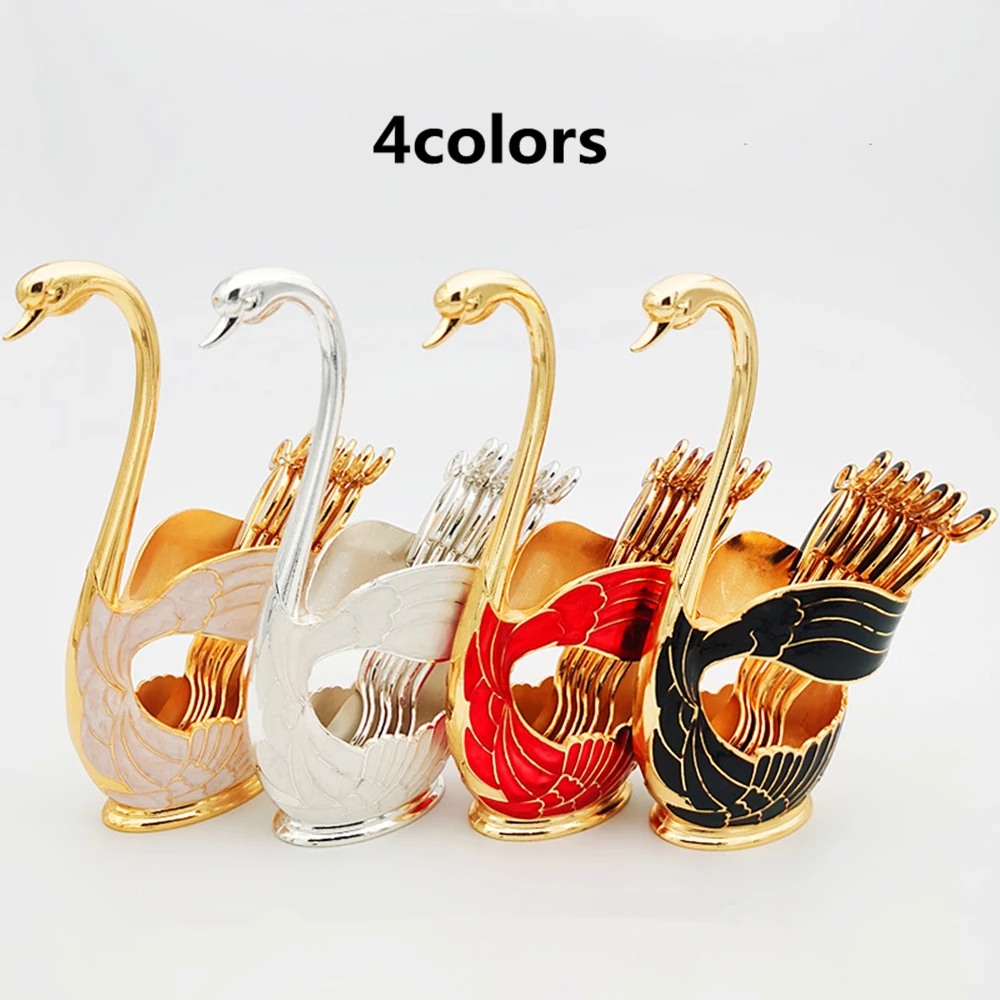 Luxury Metal Coffee Spoon & Fork Set Swan Base Holder With Fruit Ice Cream Spoons Forks Teaspoons Dessert Sugar Salad Flatware