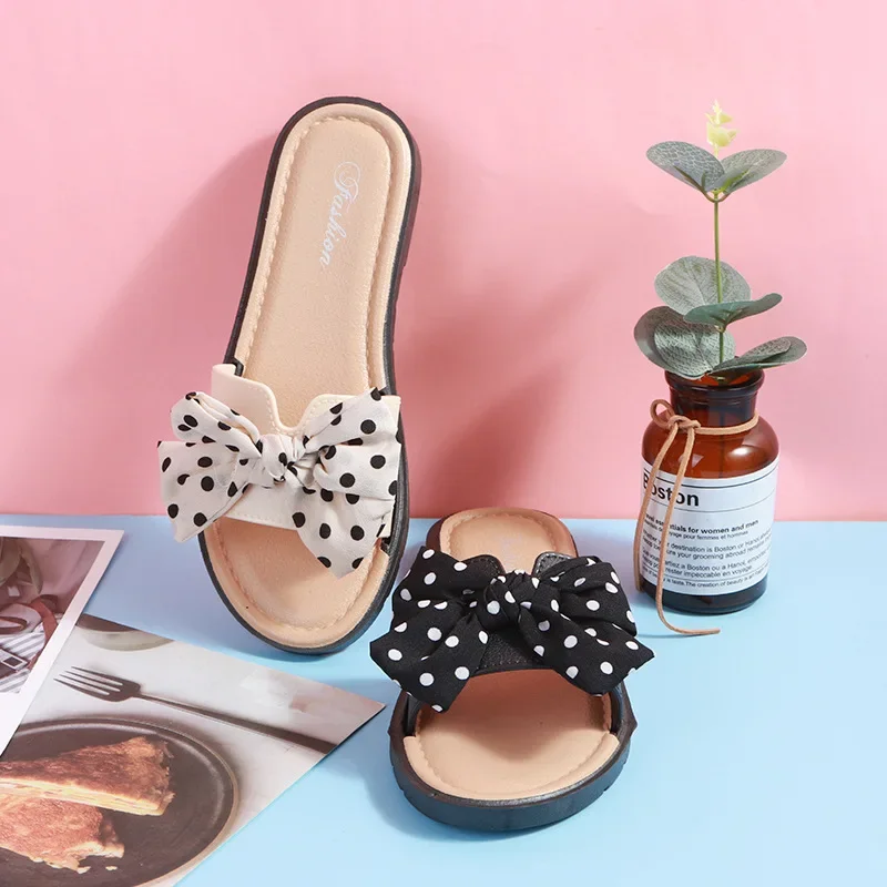 2024 Women Slippers Female Summer New Wave Dot Bow Knot Flip Flops Ladies Indoor and Outdoor Wear Beach Fashionable Sandals