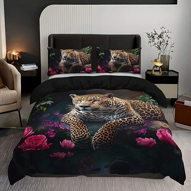 3pcs, Fashion Wild Animal Leopard Rose HD Digital Printing Home Bedding Set Three-piece Set, Soft Warm Throw Blanket Nap Blanket