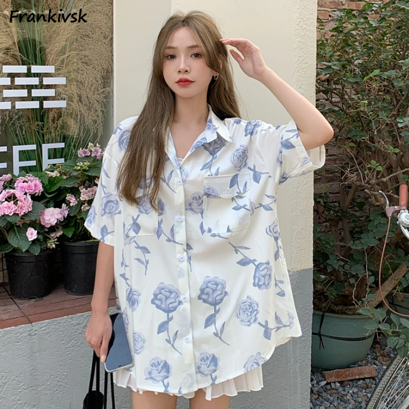 

Summer Shirts Women Floral Holiday Beach Style Fashion Baggy Half Sleeve All-match Casual Ulzzang Chic Clothing Cozy Popular New