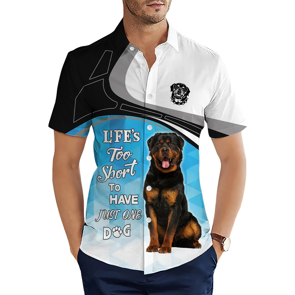 

HX Fashion Men's Shirts Rottweiler Blue Diamond Splicing 3D Printed Casual Shirt Summer Short Sleeve Shirts for Men Clothing