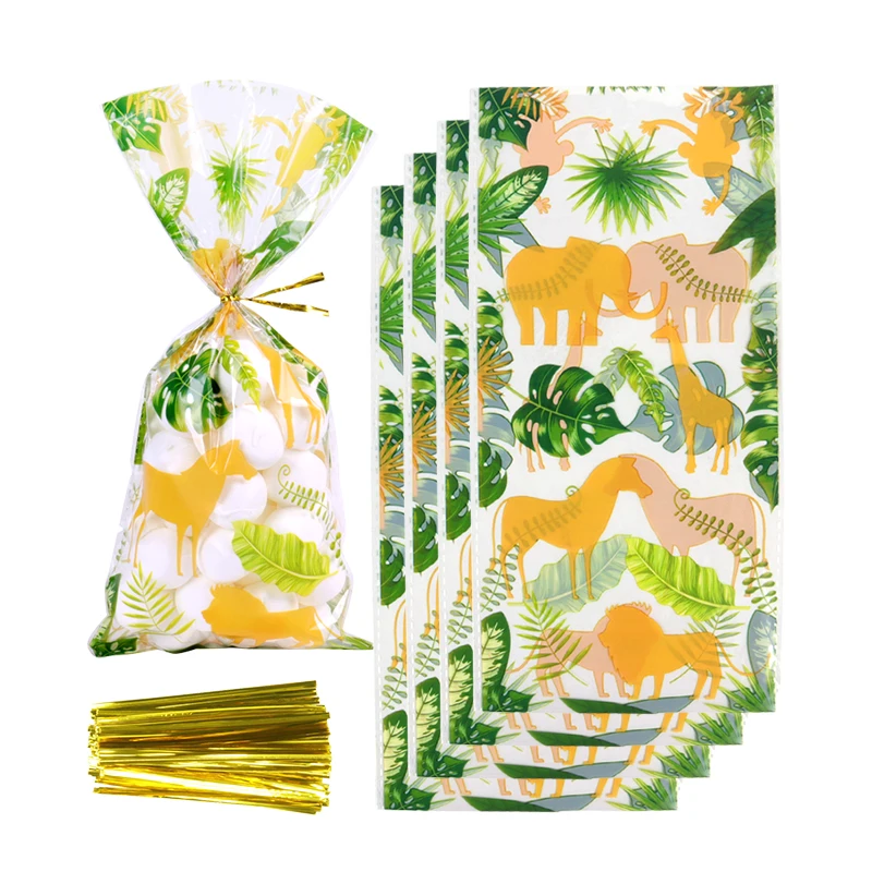 50szt Palm Leaves Animal Candy Gift Bag Jungle Safari Kids Birthday Party Favors Baby Shower Cookie Bag Wild One Packaging Decor