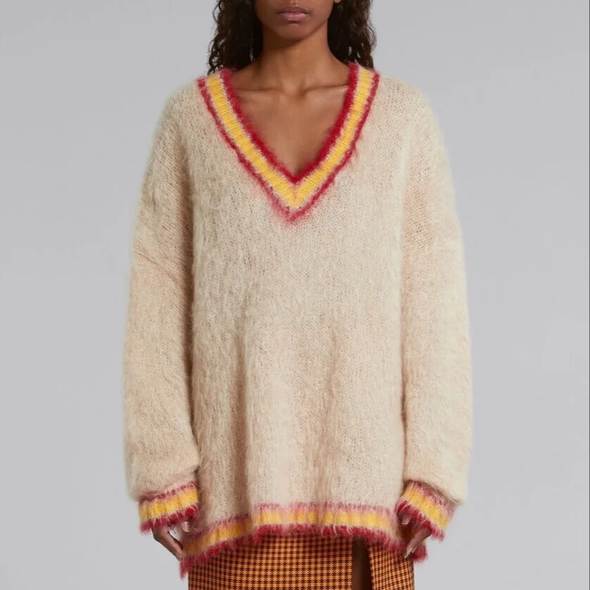 

Women's wool blend knitted sweater v-neck long sleeve loose knitwear