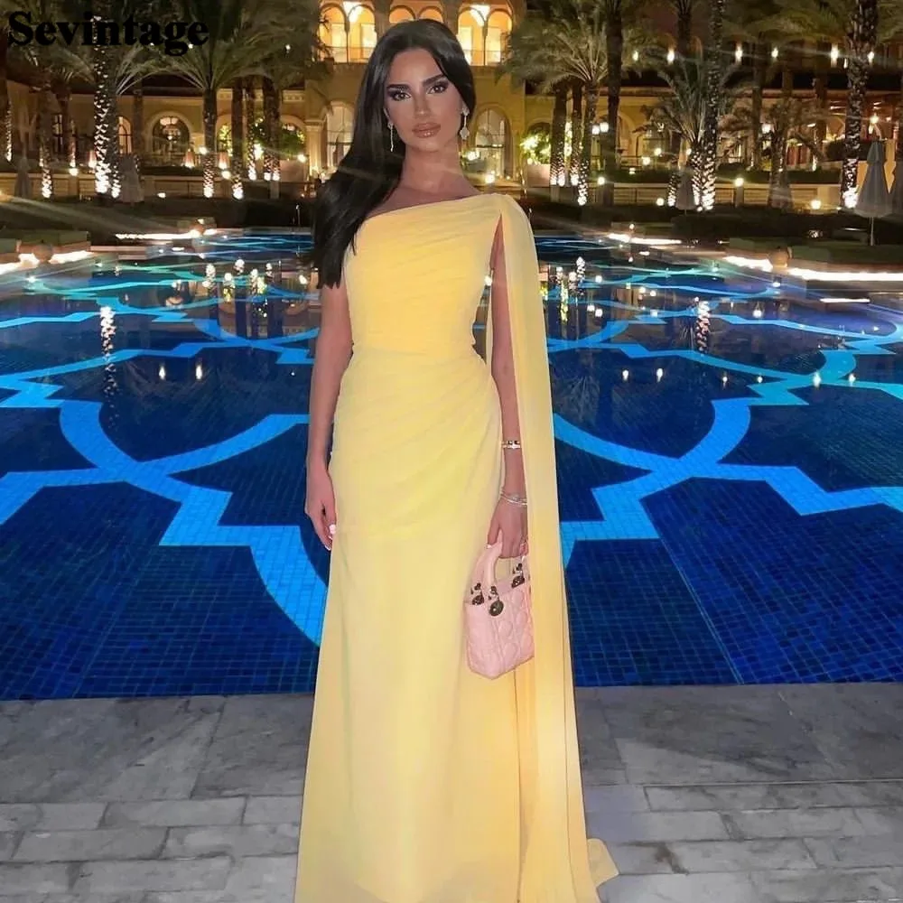

Sevintage Cream Yellow Arabia Prom Dresses One Shoulder With Cape Sleeves Floor Length Evening Dresses فساتين للحفلات الراقصة